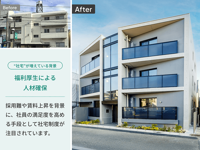 “社宅”が増えている背景 福利厚生による人材確保 採用難や賃料上昇を背景に、社員の満足度を高める手段として社宅制度が注目されています。