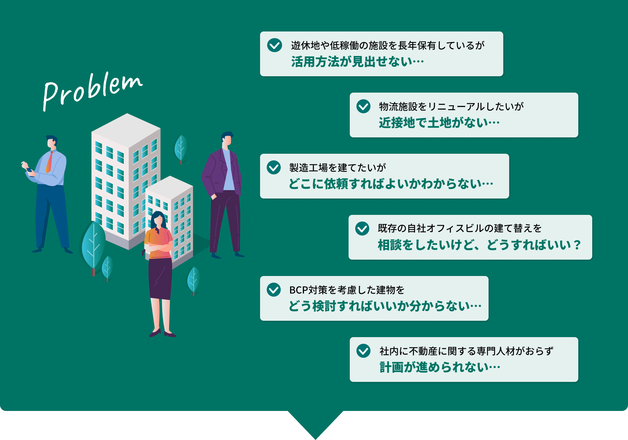 「遊休地や低稼働の施設を長年保有しているが、活用方法が見出せない…」「物流施設をリニューアルしたいが、近接地で土地がない…」「製造工場を建てたいが、どこに依頼すればよいかわからない…」「既存の自社オフィスビルの建て替えを相談をしたいけど、どうすればいい？」「BCP対策を考慮した建物をどう検討すればいいか分からない…」「社内に不動産に関する専門人材がおらず、計画が進められない…」